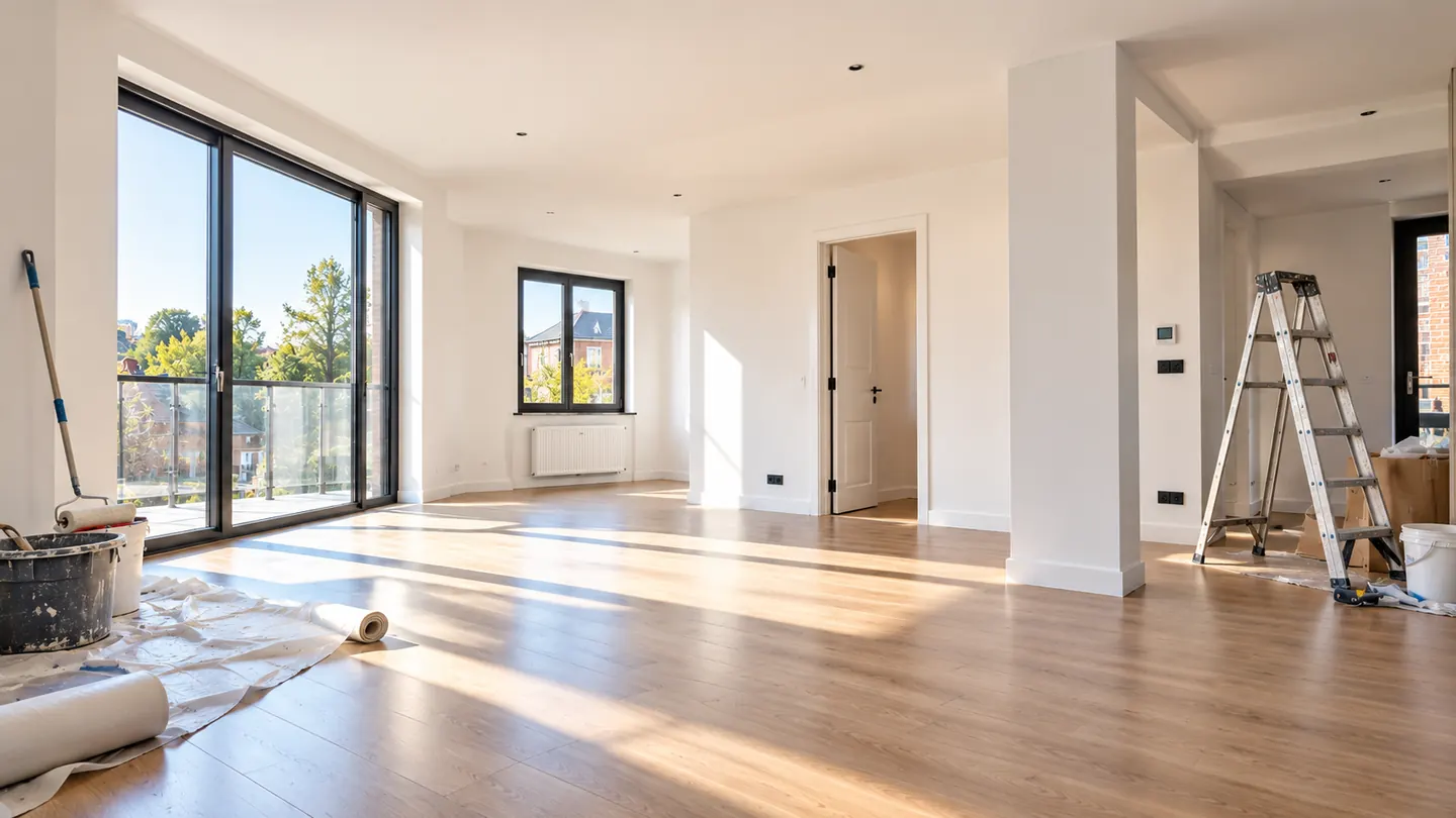 Intérieur lumineux en fin de travaux avec une échelle, des protections et du matériel encore présents
